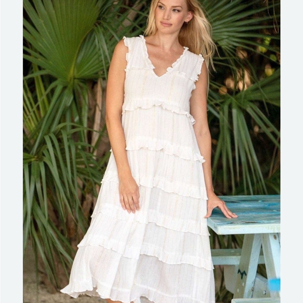 Elegant White Ruffle Summer Midi Dress in White and Gold 100% cotton -